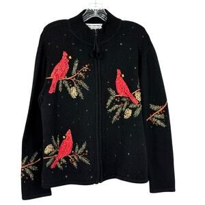 Vintage Red Cardinals Black Zip Up Christmas Sweater Medium Holiday Birds Beaded